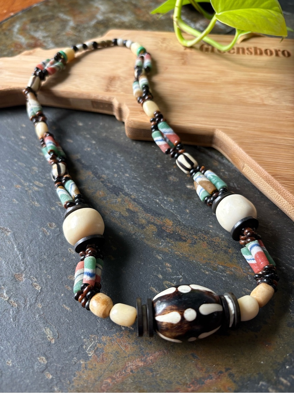 Handcrafted African Multicolor & Cream bone Bead Statement Necklace